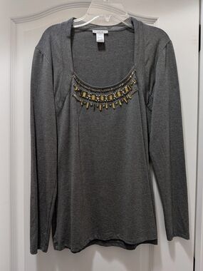 Cache Gray Long-Sleeve Top with Embellished Scoop Neck